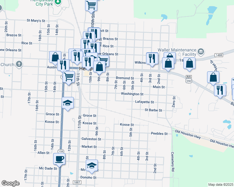 map of restaurants, bars, coffee shops, grocery stores, and more near 637 Washington Street in Hempstead