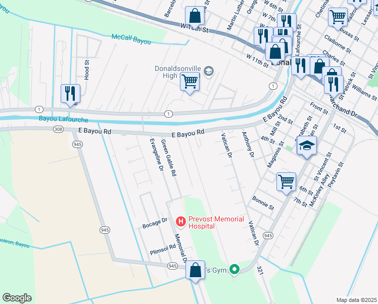 map of restaurants, bars, coffee shops, grocery stores, and more near 134 Latino Street in Donaldsonville