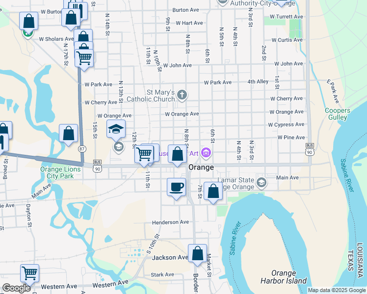 map of restaurants, bars, coffee shops, grocery stores, and more near 503 North 8th Street in Orange