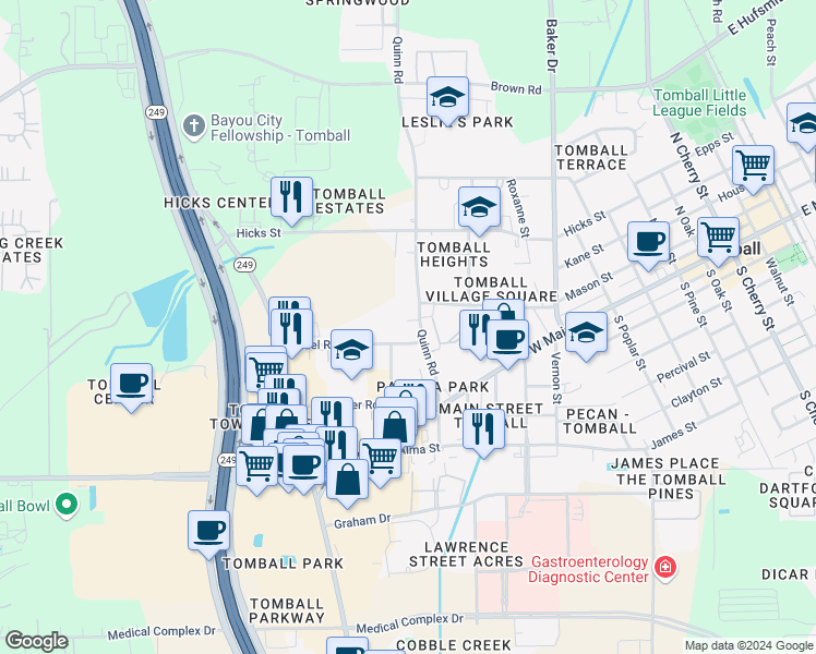 map of restaurants, bars, coffee shops, grocery stores, and more near 1200 Rudel Road in Tomball