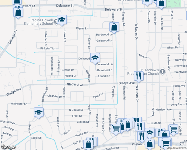 map of restaurants, bars, coffee shops, grocery stores, and more near 1355 Drummond Drive in Beaumont