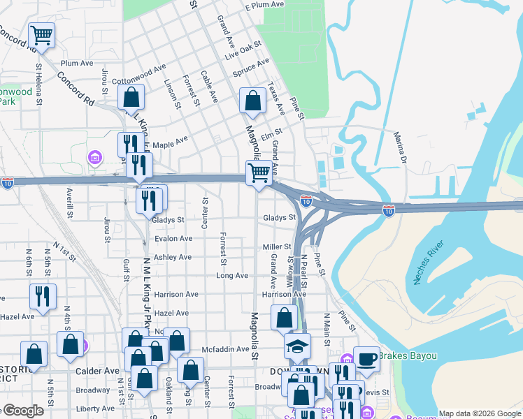 map of restaurants, bars, coffee shops, grocery stores, and more near 1342 Magnolia Street in Beaumont