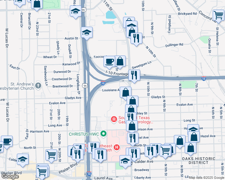 map of restaurants, bars, coffee shops, grocery stores, and more near 2865 Louisiana Street in Beaumont