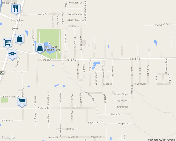 map of restaurants, bars, coffee shops, grocery stores, and more near 24252 Forest Trail in Porter