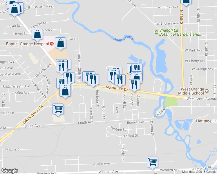 map of restaurants, bars, coffee shops, grocery stores, and more near 2908 MacArthur Drive in Orange
