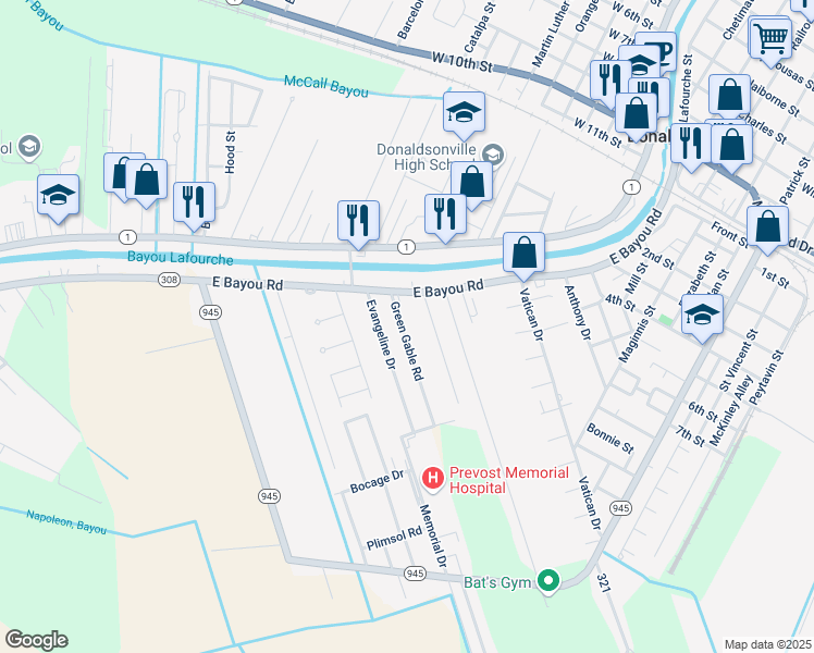 map of restaurants, bars, coffee shops, grocery stores, and more near 115 Green Gable Road in Donaldsonville