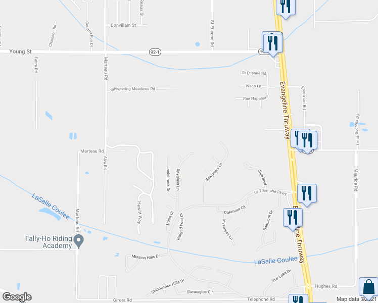 map of restaurants, bars, coffee shops, grocery stores, and more near 305 Spyglass Lane in Broussard