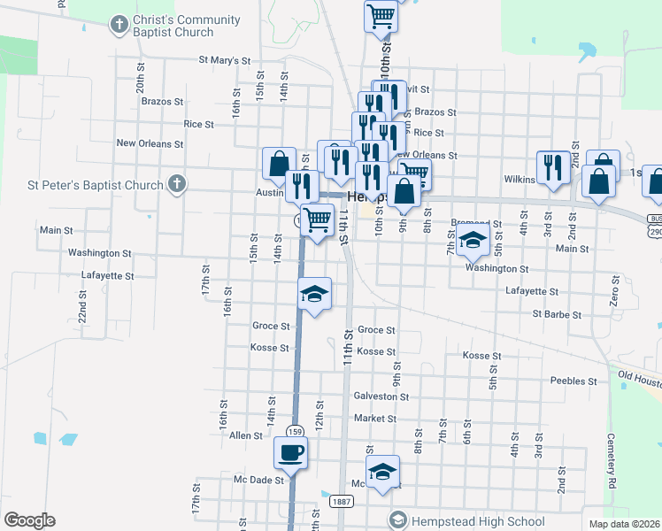 map of restaurants, bars, coffee shops, grocery stores, and more near 1106 12th Street in Hempstead