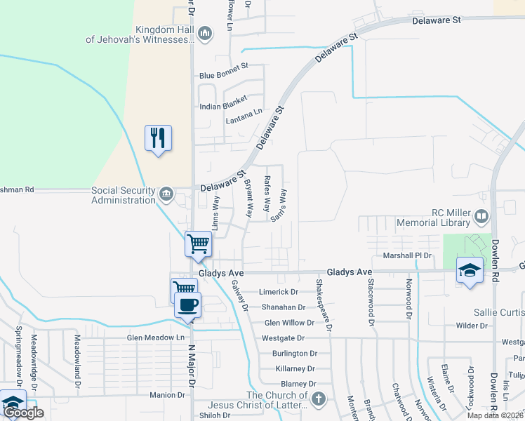 map of restaurants, bars, coffee shops, grocery stores, and more near 1810 Rafes Way in Beaumont