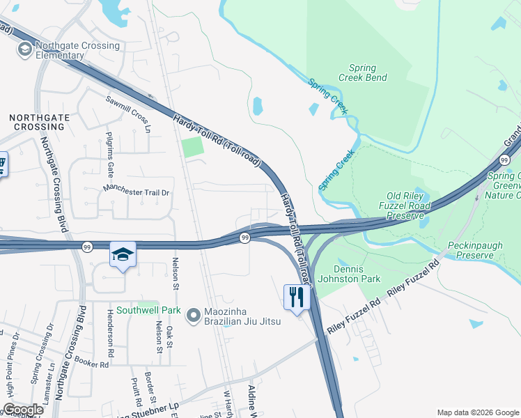 map of restaurants, bars, coffee shops, grocery stores, and more near 27706 Jean Street in Spring