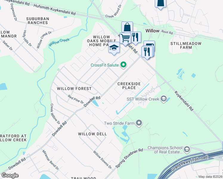 map of restaurants, bars, coffee shops, grocery stores, and more near 22931 Lily Creek Drive in Tomball
