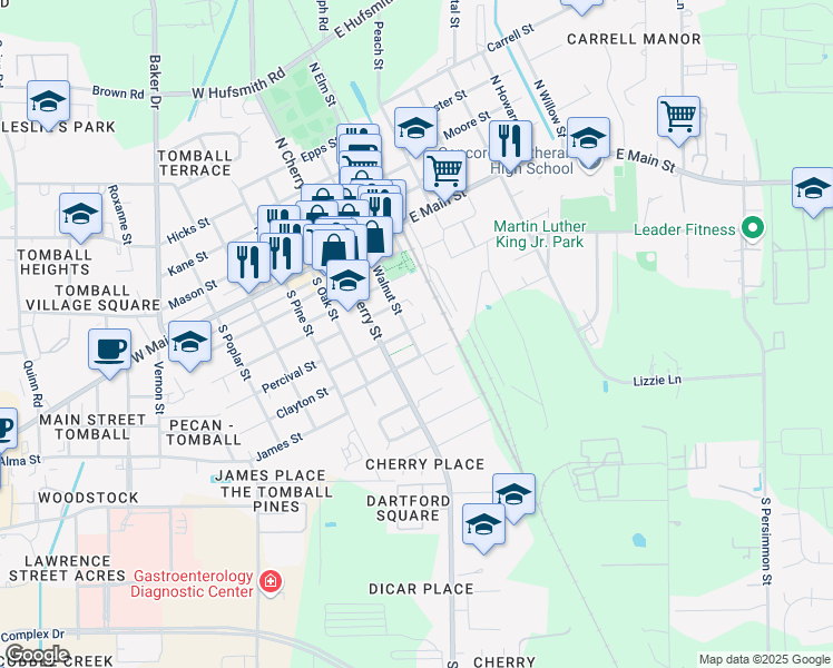map of restaurants, bars, coffee shops, grocery stores, and more near 503 Walnut Street in Tomball