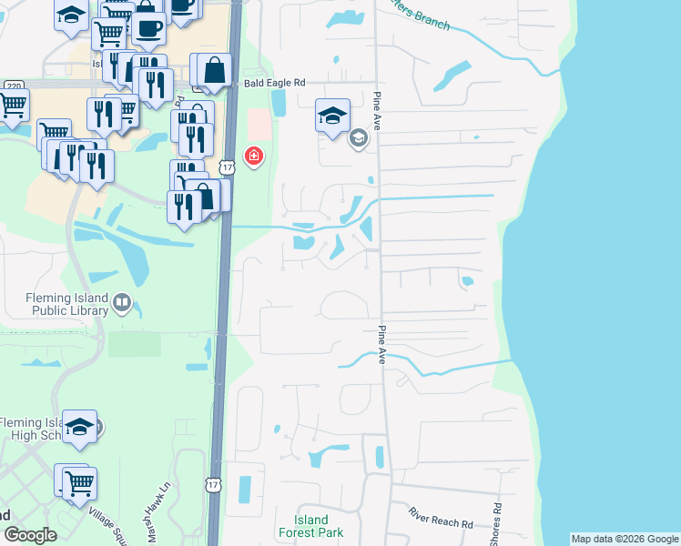 map of restaurants, bars, coffee shops, grocery stores, and more near 458 Springbrook Drive in Orange Park