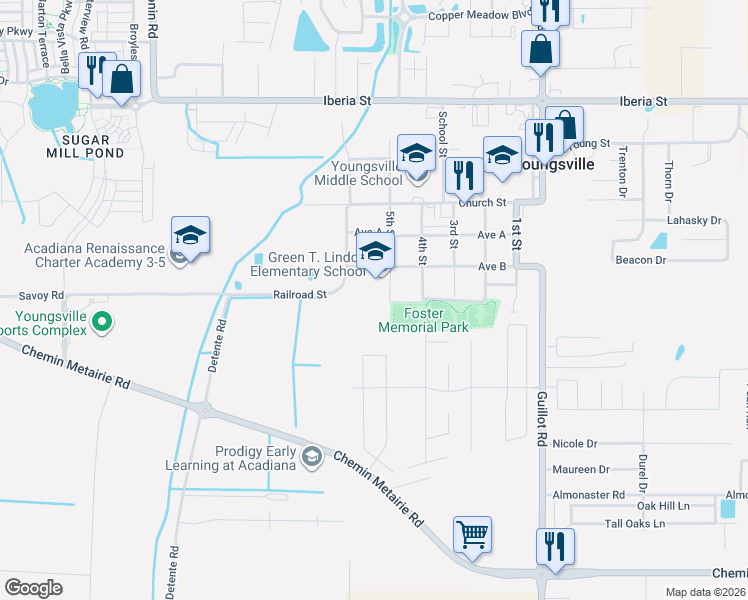 map of restaurants, bars, coffee shops, grocery stores, and more near 603 Blk Avenue B in Youngsville