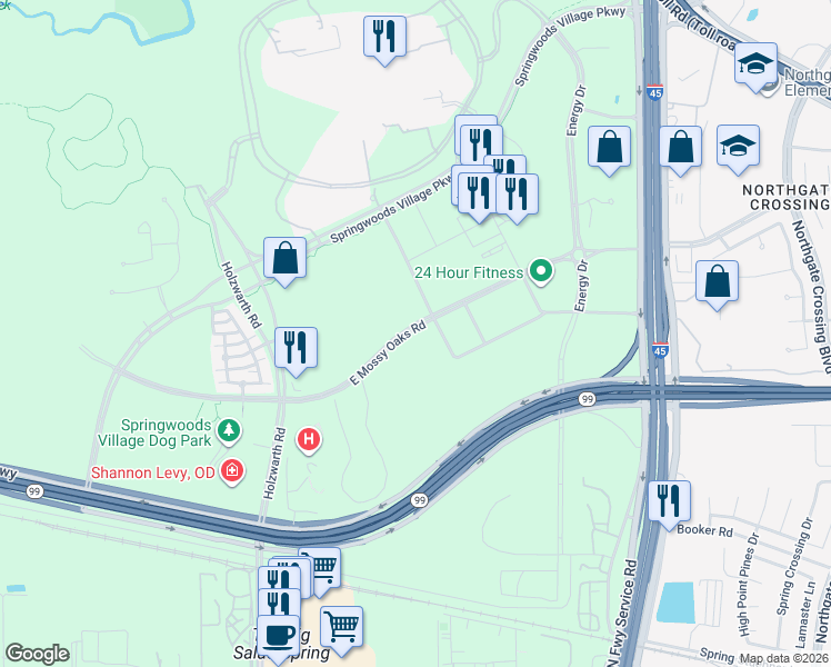 map of restaurants, bars, coffee shops, grocery stores, and more near 1701 East Mossy Oaks Road in Spring