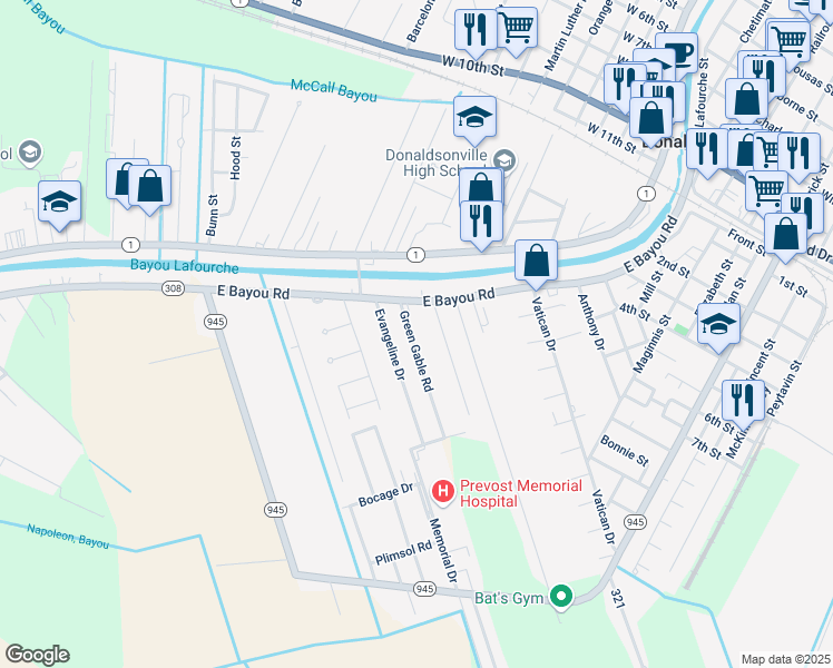 map of restaurants, bars, coffee shops, grocery stores, and more near 115 Green Gable Road in Donaldsonville