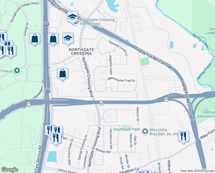 map of restaurants, bars, coffee shops, grocery stores, and more near 807 Flanners Court in Spring