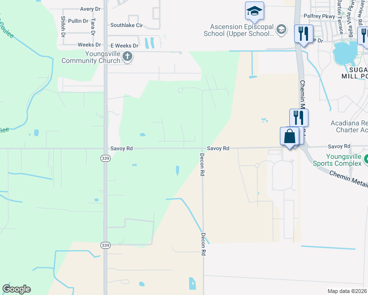 map of restaurants, bars, coffee shops, grocery stores, and more near 1207 Savoy Road in Youngsville