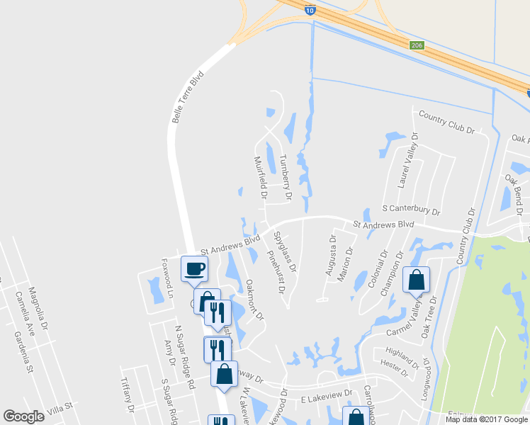 map of restaurants, bars, coffee shops, grocery stores, and more near 6 Muirfield Drive in LaPlace