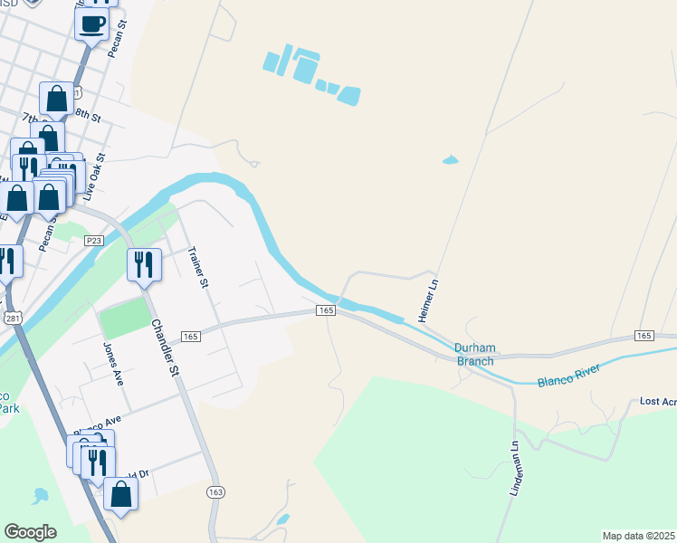 map of restaurants, bars, coffee shops, grocery stores, and more near Farm Road 163 in Blanco