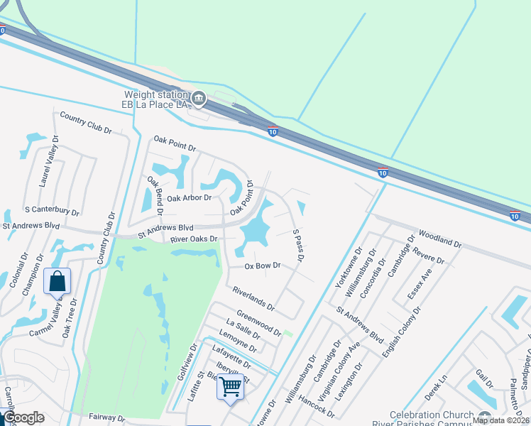 map of restaurants, bars, coffee shops, grocery stores, and more near 521 Pere Marquette Court in LaPlace