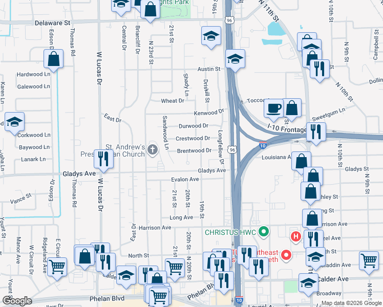 map of restaurants, bars, coffee shops, grocery stores, and more near 1250 Oakcrest Circle in Beaumont