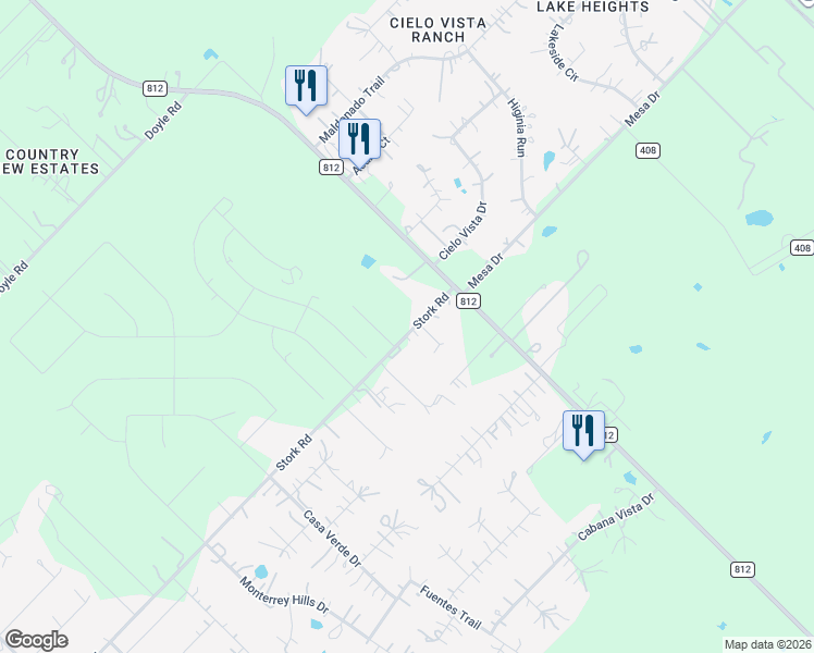 map of restaurants, bars, coffee shops, grocery stores, and more near 135 Stork Road in Del Valle