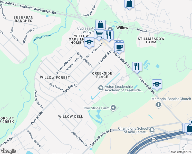 map of restaurants, bars, coffee shops, grocery stores, and more near 22947 Creekside Willow Dr in Tomball