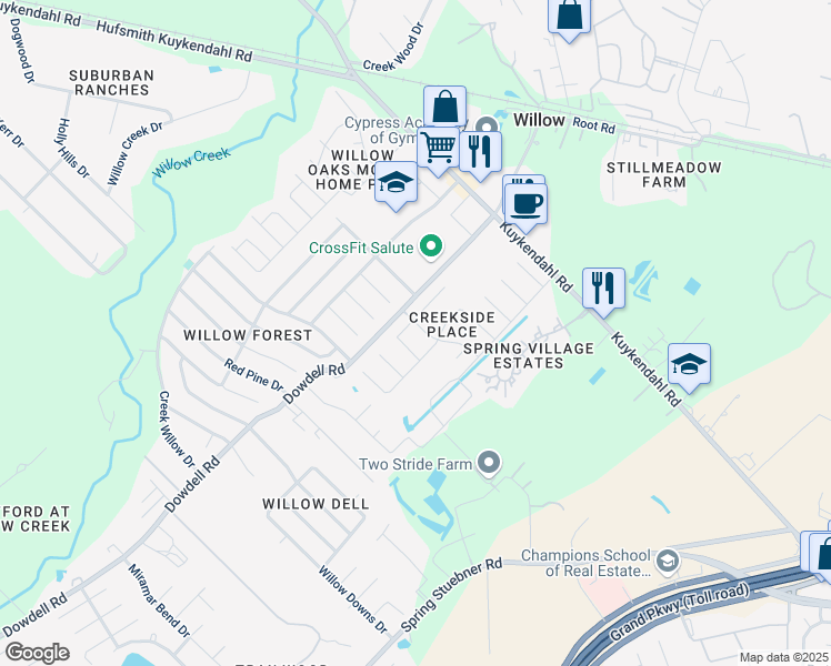 map of restaurants, bars, coffee shops, grocery stores, and more near 22947 Creekside Willow Drive in Tomball