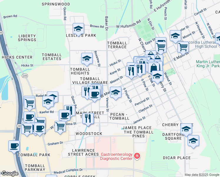 map of restaurants, bars, coffee shops, grocery stores, and more near 723 Farm to Market 2920 in Tomball