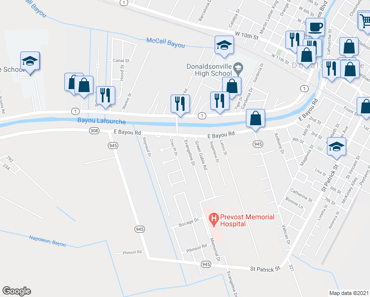 map of restaurants, bars, coffee shops, grocery stores, and more near 138 Evangeline Drive in Donaldsonville