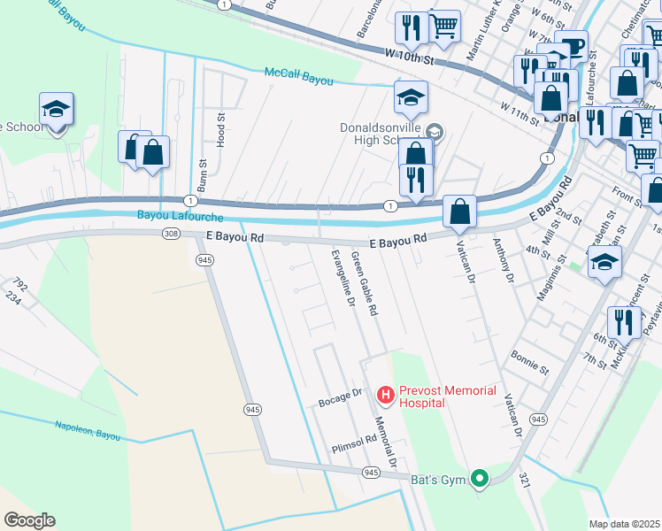 map of restaurants, bars, coffee shops, grocery stores, and more near 138 Evangeline Drive in Donaldsonville