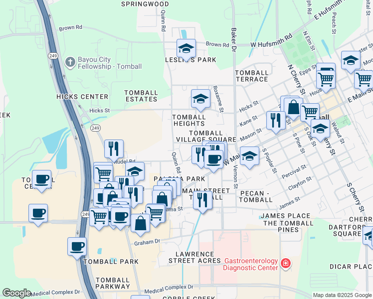 map of restaurants, bars, coffee shops, grocery stores, and more near 1011 Village Square Drive in Tomball