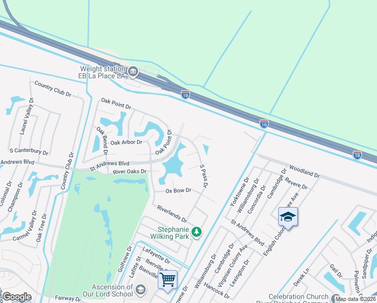 map of restaurants, bars, coffee shops, grocery stores, and more near 500 Pere Marquette Court in LaPlace