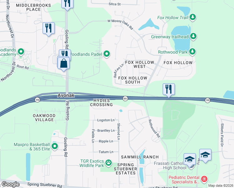 map of restaurants, bars, coffee shops, grocery stores, and more near 5150 Castlebrook Street in Spring