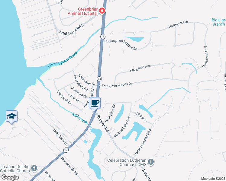 map of restaurants, bars, coffee shops, grocery stores, and more near 1548 Fruit Cove Woods Drive in Jacksonville