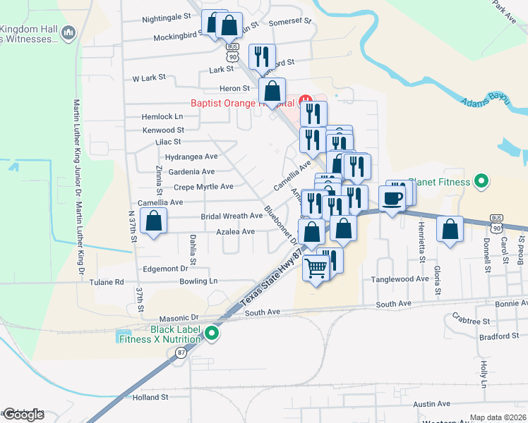 map of restaurants, bars, coffee shops, grocery stores, and more near 305 Bridal Wreath Avenue in Orange