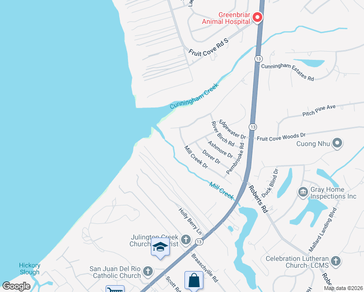 map of restaurants, bars, coffee shops, grocery stores, and more near 1116 Mill Creek Drive in Jacksonville
