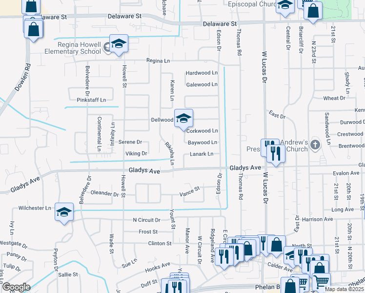 map of restaurants, bars, coffee shops, grocery stores, and more near 1355 Drummond Drive in Beaumont