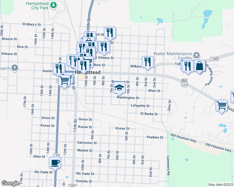 map of restaurants, bars, coffee shops, grocery stores, and more near 637 Washington Street in Hempstead