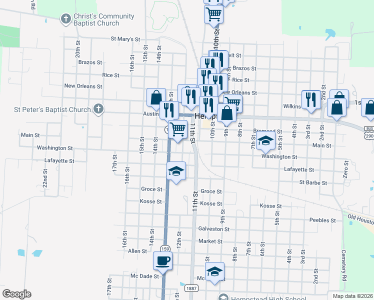 map of restaurants, bars, coffee shops, grocery stores, and more near 1106 12th Street in Hempstead