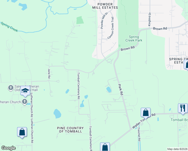 map of restaurants, bars, coffee shops, grocery stores, and more near 15601 Brown Road in Tomball