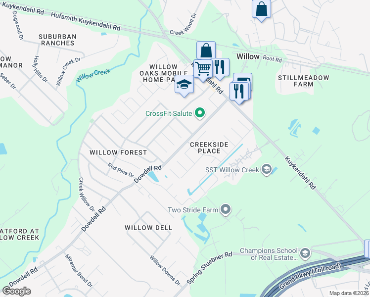 map of restaurants, bars, coffee shops, grocery stores, and more near 22931 Lily Creek Drive in Tomball