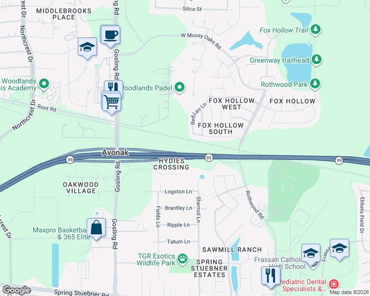 map of restaurants, bars, coffee shops, grocery stores, and more near 5150 Castlebrook Street in Spring