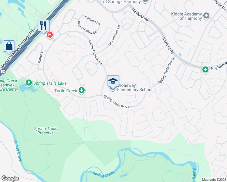 map of restaurants, bars, coffee shops, grocery stores, and more near 2855 Spring Trails Bend in Spring