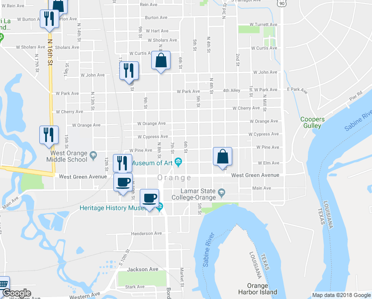 map of restaurants, bars, coffee shops, grocery stores, and more near 601 6th Street in Orange