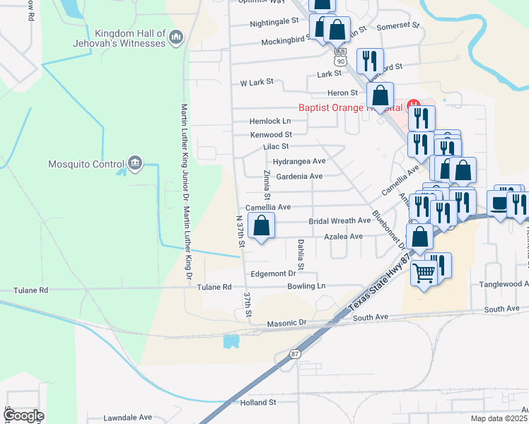 map of restaurants, bars, coffee shops, grocery stores, and more near 521 Bridal Wreath Avenue in Orange