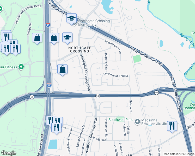map of restaurants, bars, coffee shops, grocery stores, and more near 807 Flanners Court in Spring