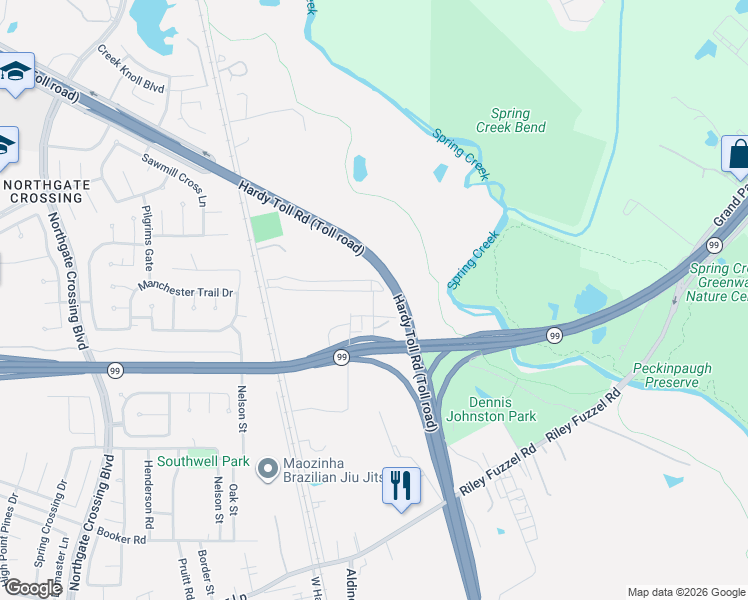 map of restaurants, bars, coffee shops, grocery stores, and more near 27706 Jean Street in Spring
