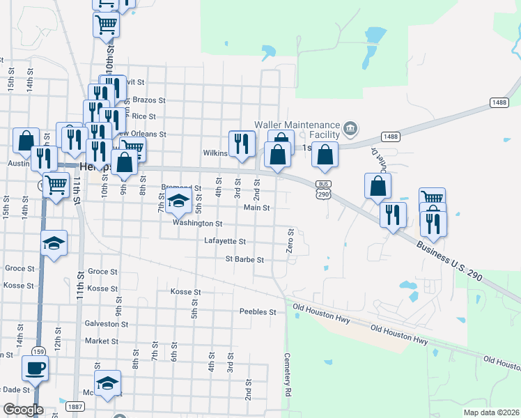 map of restaurants, bars, coffee shops, grocery stores, and more near 130 Washington Street in Hempstead
